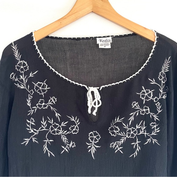 Vintage Hippie Shirt Black Embroidered Blouse long sleeve Kaaku 90s Boho - Picture 2 of 7